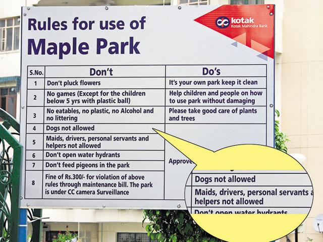 The board installed by the Mapple Heights condominium association (MHCA) in Sushant Lok-1 has turned controversial. (Parveen Kumar/HT Photo) The board installed by the Mapple Heights condominium association (MHCA) in Sushant Lok-1 has turned controversial. (Parveen Kumar/HT Photo)