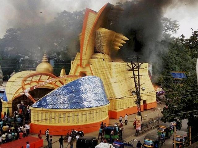 A view of the RR Sporting Durga Puja pandal, which caught fire in Ranchi. (PTI Photo) A view of the RR Sporting Durga Puja pandal, which caught fire in Ranchi. (PTI Photo)