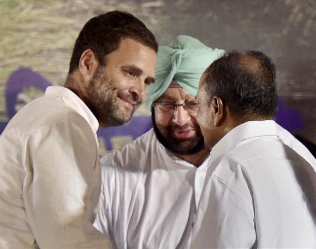 Congress vice-president Rahul Gandhi with former defence minister AK Antony and Punjab Congress chief Capt Amarinder Singh in New Delhi on Thursday. (Photo: PTI) Congress vice-president Rahul Gandhi with former defence minister AK Antony and Punjab Congress chief Capt Amarinder Singh in New Delhi on Thursday. (Photo: PTI)