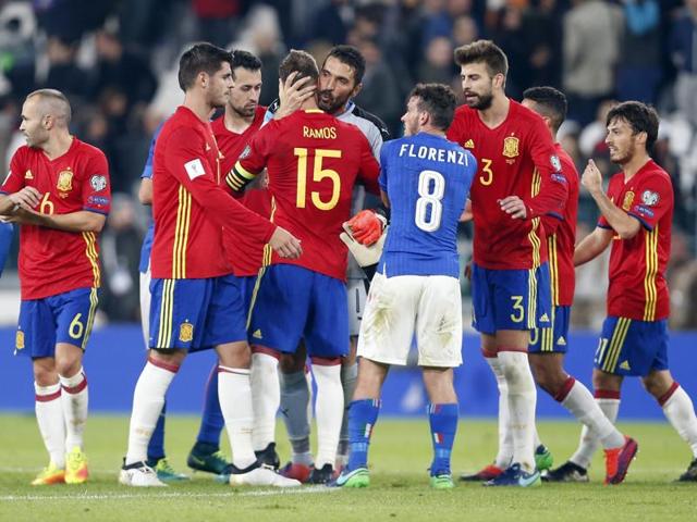 Italy goalkeeper Gianluigi Buffon hugs Spain’s Sergio Ramos at the end of the match. (AP) Italy goalkeeper Gianluigi Buffon hugs Spain’s Sergio Ramos at the end of the match. (AP)