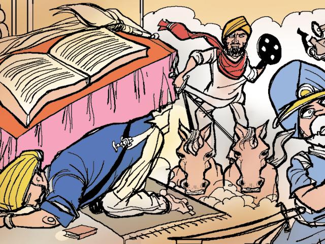 During Guru Nanak Jayanti, rituals include uninterrupted readings of the Guru Granth Sahib, processions carrying the holy scriptures and displays of ‘gatka’ with traditional weapons.(Illustration by Jayanto Banerjee)