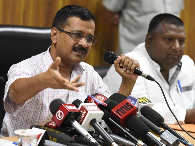 Delhi chief minister Arvind Kejriwal addresses a press conference at his residence in New Delhi on Saturday. (Sonu Mehta/HT Photo) Delhi chief minister Arvind Kejriwal addresses a press conference at his residence in New Delhi on Saturday. (Sonu Mehta/HT Photo)