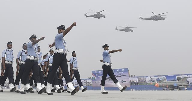 Indian Air Force soldiers march during the Air Force Day parade rehearsals (Raj K Raj/HT PHOTO) Indian Air Force soldiers march during the Air Force Day parade rehearsals (Raj K Raj/HT PHOTO)
