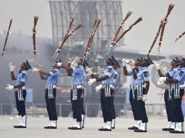 The 'Air Warrior' drill team rehearse two days ahead of the 84th Air Force Day parade at the Air Force Station Hindon in Ghaziabad, on the outskirts of New Delhi, on October 6, 2016. The parade will mark the anniversary of the Air Force. (Raj K Raj/HT PHOTO) The 'Air Warrior' drill team rehearse two days ahead of the 84th Air Force Day parade at the Air Force Station Hindon in Ghaziabad, on the outskirts of New Delhi, on October 6, 2016. The parade will mark the anniversary of the Air Force. (Raj K Raj/HT PHOTO)