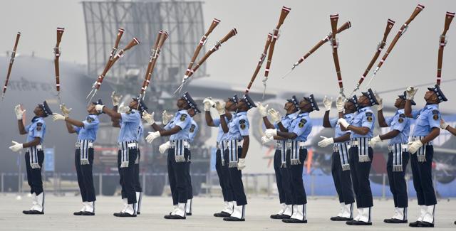 IAF 'Air Warrior' drill team performs during the rehearsals at the Hindon air force base in Ghaziabad (Raj K Raj/HT PHOTO) IAF 'Air Warrior' drill team performs during the rehearsals at the Hindon air force base in Ghaziabad (Raj K Raj/HT PHOTO)
