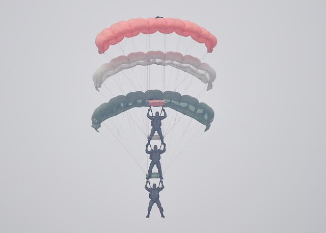 IAF Akash Ganga sky diving team members display their skills during the 84th anniversary of Air Force Day parade rehearsals (Raj K Raj/HT PHOTO) IAF Akash Ganga sky diving team members display their skills during the 84th anniversary of Air Force Day parade rehearsals (Raj K Raj/HT PHOTO)