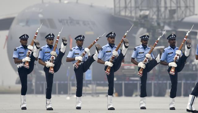 Indian Air Force's 'Air Warrior' drill team perform during the rehearsals (Raj K Raj/HT PHOTO) Indian Air Force's 'Air Warrior' drill team perform during the rehearsals (Raj K Raj/HT PHOTO)