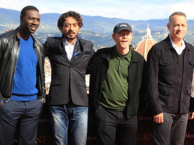 From left : Actors Omar Sy, Irrfan Khan, director Ron Howard, actor Tom Hanks, pose during a photocall on the eve of the World Premiere of the movie Inferno on October 7, 2016 in Florence. (AFP) From left : Actors Omar Sy, Irrfan Khan, director Ron Howard, actor Tom Hanks, pose during a photocall on the eve of the World Premiere of the movie Inferno on October 7, 2016 in Florence. (AFP)