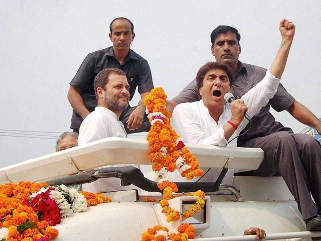 Congress vice-president Rahul Gandhi looks on as the party's UP chief Raj Babbar addresses during his Kisan Yatra in Meerut on Thursday. (PTI) Congress vice-president Rahul Gandhi looks on as the party's UP chief Raj Babbar addresses during his Kisan Yatra in Meerut on Thursday. (PTI)