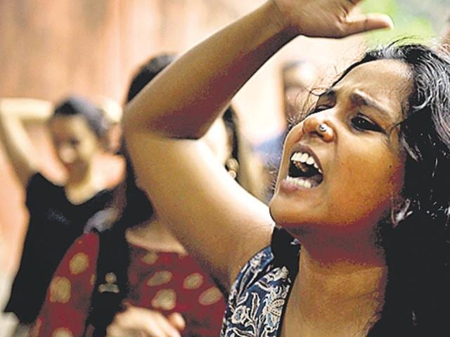 Devangana Kalita at a protest to reclaim public spaces in Delhi’s South Campus on Monday. (Aishwarya Kandpal/HT)(Aishwarya Kandpal/HT)