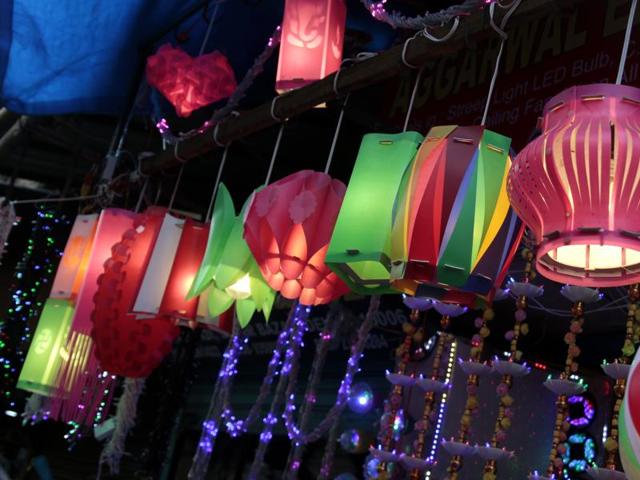 Indian lights are more in demand this year ar Sadar Bazar.(Shivam Saxena/HT Photo)