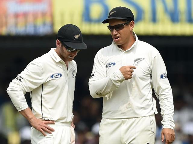 Struggling to break the Kohli-Rahane partnership, New Zealand captain Kane Williamson (L) in a discussion with teammate Ross Taylor. (AFP) 