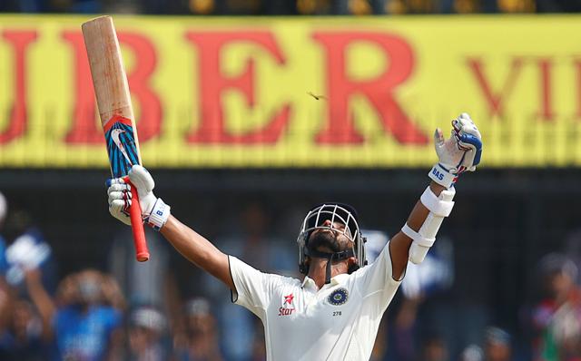 Rahane looks to the heavens in celebration after completing his eighth Test ton. (REUTERS) 