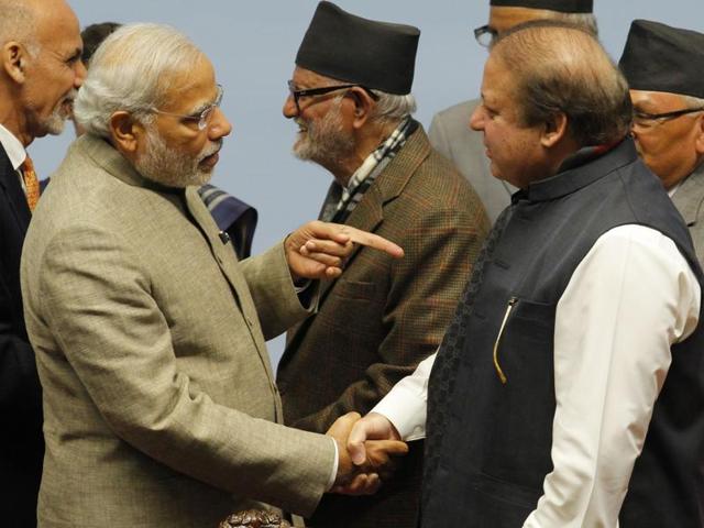 This file photo Prime Minister Narendra Modi with Pakistan Prime Minister Nawaz Sharif during the closing session of the 18th SAARC summit at City Hall in the Nepalese capital Kathmandu. (AFP Photo) This file photo Prime Minister Narendra Modi with Pakistan Prime Minister Nawaz Sharif during the closing session of the 18th SAARC summit at City Hall in the Nepalese capital Kathmandu. (AFP Photo)
