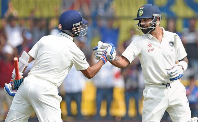 Virat Kohli and Ajinkya Rahane’s record 365-run fourth wicket partnership enabled India to declare in the final session to push for a clean sweep in the series. (AP) Virat Kohli and Ajinkya Rahane’s record 365-run fourth wicket partnership enabled India to declare in the final session to push for a clean sweep in the series. (AP)