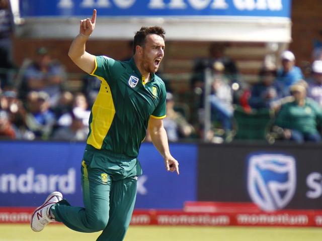 South Africa’s Tabraiz Shamsi, front, and celebrates with teammates after taking a wicket during the fourth ODI against Australia. (AP) South Africa’s Tabraiz Shamsi, front, and celebrates with teammates after taking a wicket during the fourth ODI against Australia. (AP)