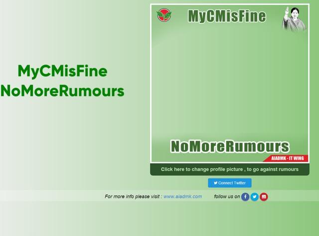 A screen grab of the website where users can change their profile photos to say “My CM is fine” and “No more rumours”. (Support-aiadmk.herokuapp.com) A screen grab of the website where users can change their profile photos to say “My CM is fine” and “No more rumours”. (Support-aiadmk.herokuapp.com)