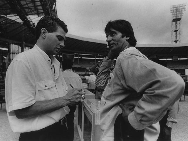 Amitabh Bachchan having a word with the Miss World Compare at Chinnaswamy Stadium in Bangalore. Later the event was cancelled. (HT Archives) Amitabh Bachchan having a word with the Miss World Compare at Chinnaswamy Stadium in Bangalore. Later the event was cancelled. (HT Archives)