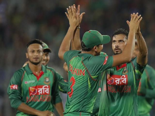 Bangladesh captain Mashrafe Mortaza, center, celebrates with teammates. (AP Photo) Bangladesh captain Mashrafe Mortaza, center, celebrates with teammates. (AP Photo)