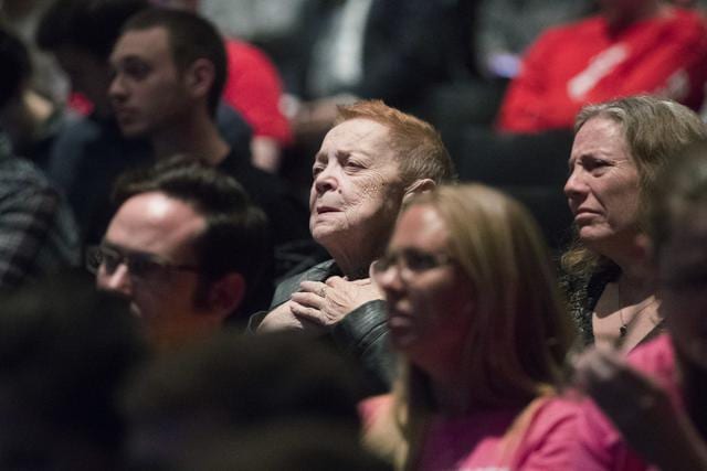 People watch during the second presidential debate at a watch party at the University of Cincinnati on Sunday. (AP) People watch during the second presidential debate at a watch party at the University of Cincinnati on Sunday. (AP)