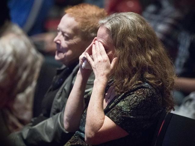 Viewers react as they watch the second presidential debate at a watch party at the University of Cincinnati on Sunday. (AP) Viewers react as they watch the second presidential debate at a watch party at the University of Cincinnati on Sunday. (AP)