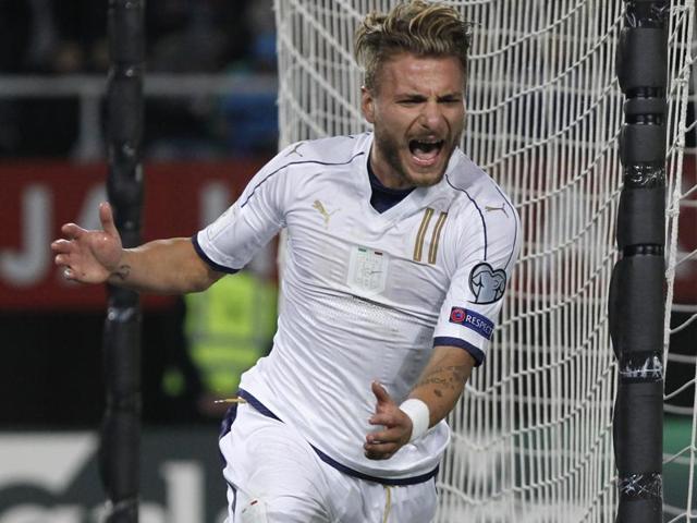 Italy’s Ciro Immobile celebrates after scoring the second team's goal against Macedonia. (AP Photo) Italy’s Ciro Immobile celebrates after scoring the second team's goal against Macedonia. (AP Photo)
