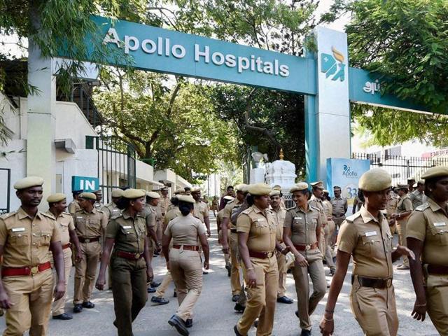Police personnel were deployed at the Apollo Hospital, where Tamil Nadu CM J Jayalalithaa is being treated, in Chennai. (PTI File Photo) Police personnel were deployed at the Apollo Hospital, where Tamil Nadu CM J Jayalalithaa is being treated, in Chennai. (PTI File Photo)