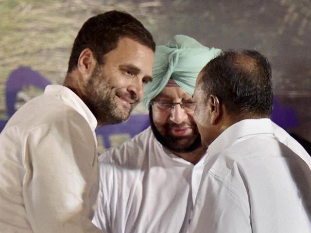 Congress vice president Rahul Gandhi with party leaders AK Antony and Capt A Singh during farmers rally at Jantar Mantar in New Delhi after his month-long Kisan Yatra in Uttar Pradesh. (PTI Photo) Congress vice president Rahul Gandhi with party leaders AK Antony and Capt A Singh during farmers rally at Jantar Mantar in New Delhi after his month-long Kisan Yatra in Uttar Pradesh. (PTI Photo)