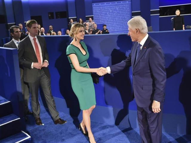 Former president Bill Clinton greets Ivanka Trump, daughter of Republican presidential candidate Donald Trump, followed by her brothers Eric Trump and Donald Trump Jr, before the start of the second presidential debate at Washington University. (AFP photo) Former president Bill Clinton greets Ivanka Trump, daughter of Republican presidential candidate Donald Trump, followed by her brothers Eric Trump and Donald Trump Jr, before the start of the second presidential debate at Washington University. (AFP photo)