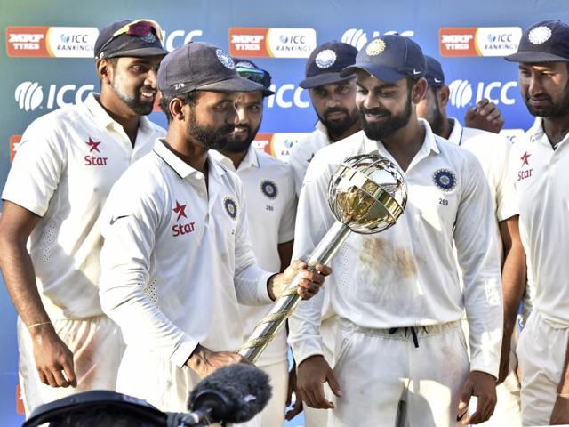 Team India poses for a photo as Virat Kohli holds the ICC Test Championship mace. (PTI) Team India poses for a photo as Virat Kohli holds the ICC Test Championship mace. (PTI)