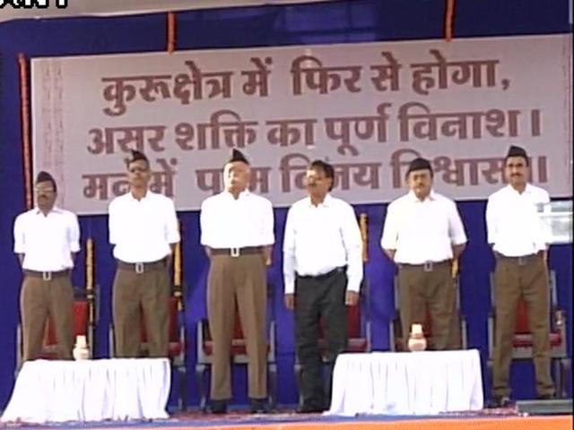 Sarsanghchalak Mohan Bhagwat and senior RSS leaders during the Vijayadashmi event at Reshimbag Ground in Nagpur on Tuesday. (ANI on Twitter) Sarsanghchalak Mohan Bhagwat and senior RSS leaders during the Vijayadashmi event at Reshimbag Ground in Nagpur on Tuesday. (ANI on Twitter)