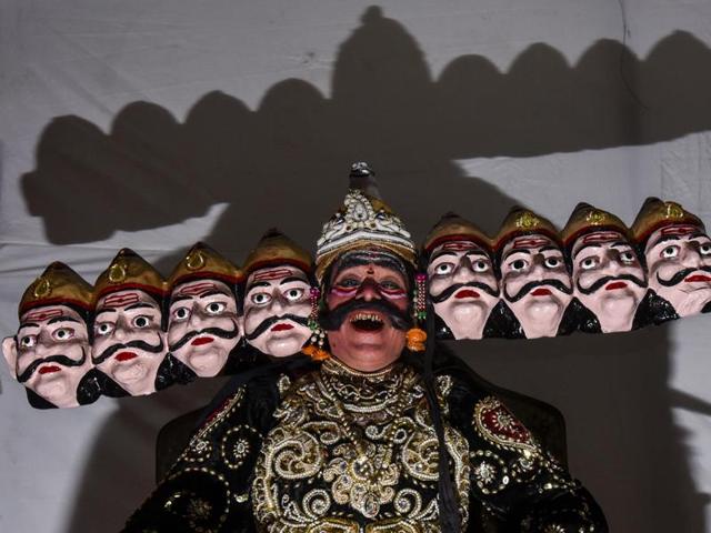 Ravana is depicted and described as having ten heads and as a follower of Shiva, a great scholar, a capable ruler, who wished to overpower the devas. His ten heads represent his knowledge of the six shastras and the four Vedas. In the Ramayana, Ravana kidnaps Rama’s wife Sita to exact revenge on Rama and his brother Lakshmana for having cut off the nose of his sister Shurpanakha. (Kunal Patil/HT photo)