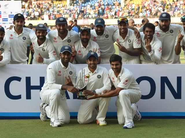 Team India pose for a photo with the series trophy. India won the third Test by 321 runs to complete a 3-0 whitewash. (AFP) Team India pose for a photo with the series trophy. India won the third Test by 321 runs to complete a 3-0 whitewash. (AFP)