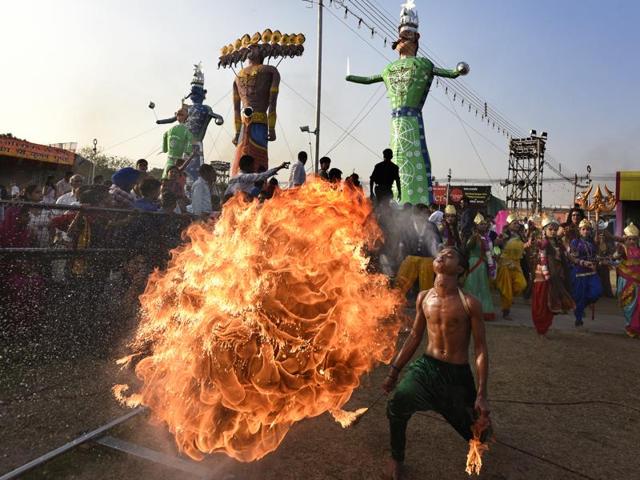 An effigy of demon king Ravana during Dussehra celebrations at the Red Fort in New Delhi. (Sonu Mehta/HT Photo) An effigy of demon king Ravana during Dussehra celebrations at the Red Fort in New Delhi. (Sonu Mehta/HT Photo)
