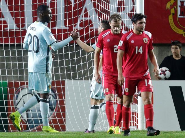 Belgium's forward Christian Benteke (L) celebrates his goal with teammate Dries Mertens. (AFP Photo) Belgium's forward Christian Benteke (L) celebrates his goal with teammate Dries Mertens. (AFP Photo)