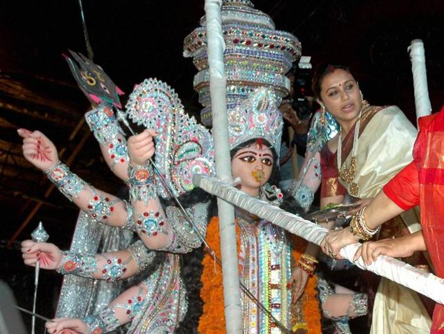 Bollywood actor Rani Mukerjee at Durga puja pandal for Sindur khela event on the last day of Durga puja at Juhu in Mumbai. (PTI Photo)
