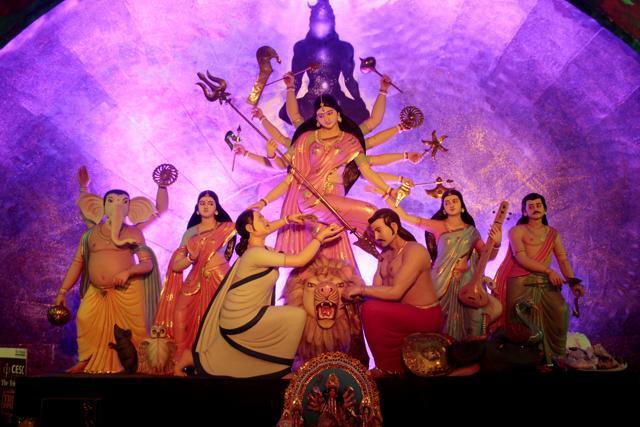 Bhawanipore Durgotsav samiti Durga Puja that depicted a woman resembling the chief minister being blessed by the goddess and the asura resembling the CPI(M) state secretary Suryakanta Mishra came in for sharp criticism. (Ramkrishna Samanta)