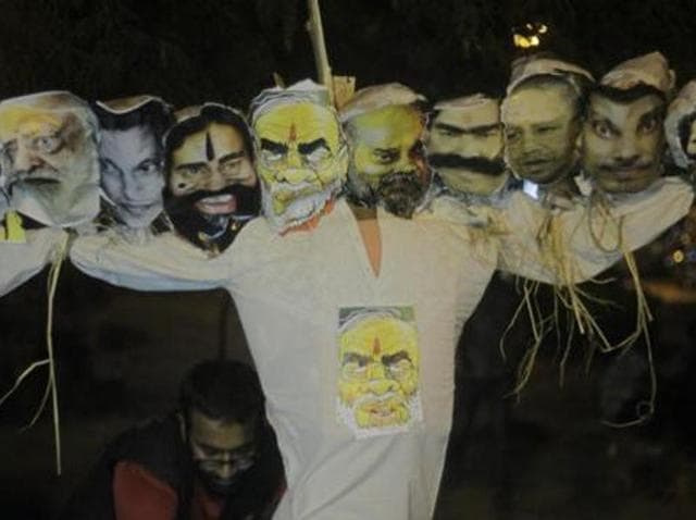 The JNU administration ordered an inquiry on Thursday into burning of effigy of Prime Minister Narendra Modi and others by a section of students in the university campus on the occasion of Dussehra by projecting them as Ravana. (HT Photo) The JNU administration ordered an inquiry on Thursday into burning of effigy of Prime Minister Narendra Modi and others by a section of students in the university campus on the occasion of Dussehra by projecting them as Ravana. (HT Photo)