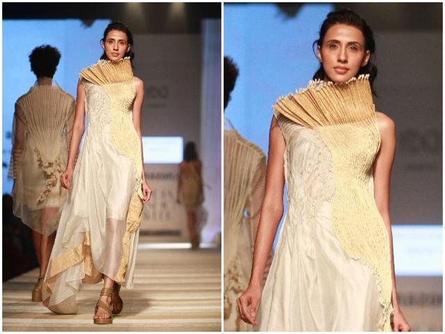 All of these design mavens interpreted Chanderi in their own unique way from creating cocktail dresses to keeping it traditional with drapes. Vaishali S also showcased as a part of the 16-designer collection, Road to Chanderi. (Waseem Gashroo/HT Photo)