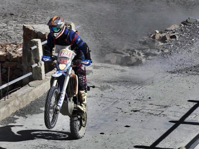 CS Santosh, who took part and won the 2012 Raid de Himalaya, has competed in several cross country rallies around the world, including Dakar where GPS enabled tracking and hazard alarm systems and medevac choppers are standard.(HT Photo)