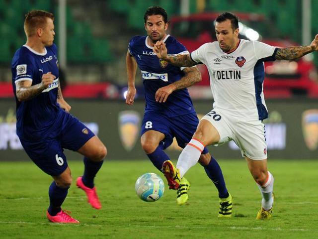 Chennaiyin FC's Mehrajuddin Wadoo celebrates after scoring. (AFP) Chennaiyin FC's Mehrajuddin Wadoo celebrates after scoring. (AFP)