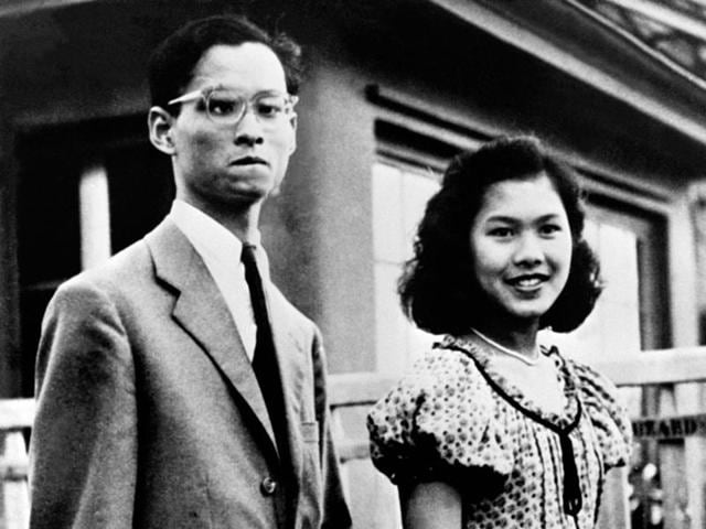 This file picture released in September 1949 shows Sirikit Kitiyakara, then the fiancee of Bhumibol Adulyadej (L), the future Thai King. (AFP)