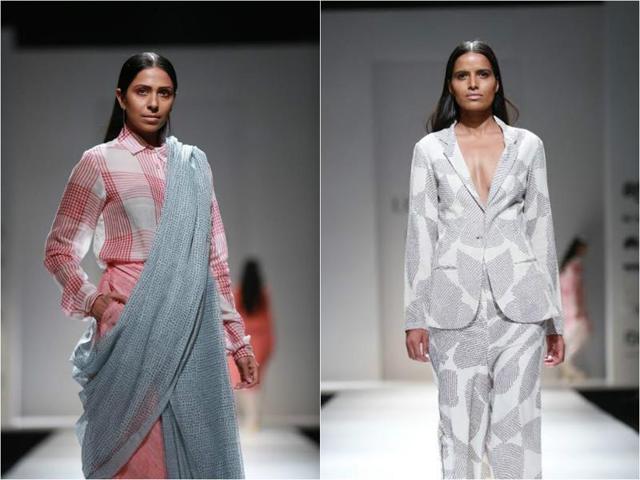 The half-sari look made for an arresting sight during Urvashi Kaur’s show. Her collection also saw some striking pantsuits on the ramp. (Amal KS/HT Photo) The half-sari look made for an arresting sight during Urvashi Kaur’s show. Her collection also saw some striking pantsuits on the ramp. (Amal KS/HT Photo)