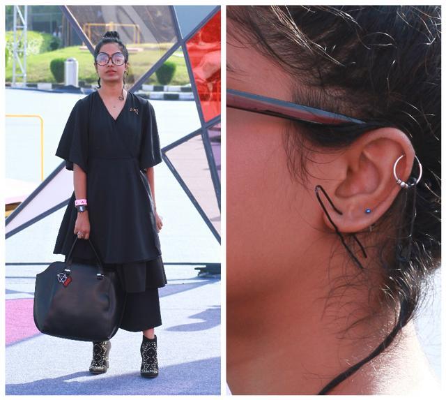 Stylist Ashima Gandhi made a statement by wearing safety pins and bun clips as earrings. (Waseem Gashroo/HT ) Stylist Ashima Gandhi made a statement by wearing safety pins and bun clips as earrings. (Waseem Gashroo/HT )
