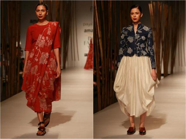 Payal Pratap seamlessly fused Indian wear with the trendy. The result was a refreshing take on the sari and the full-sleeved jacket. (IANS) Payal Pratap seamlessly fused Indian wear with the trendy. The result was a refreshing take on the sari and the full-sleeved jacket. (IANS)