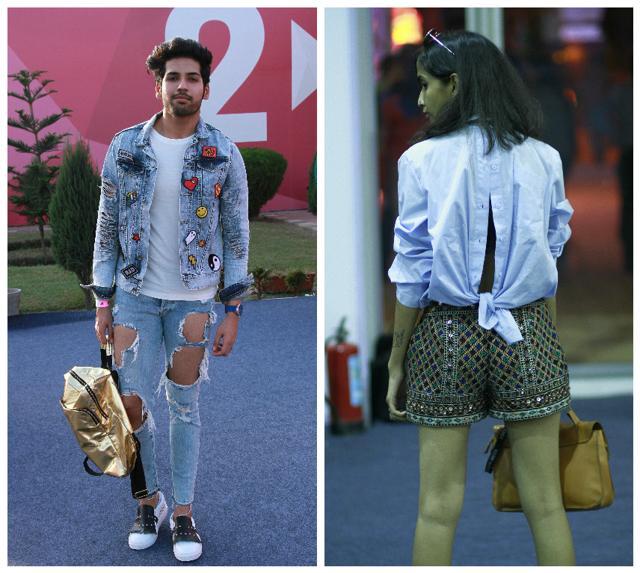 (L-R) Blogger Ishan Singhal teamed a patch-work denim with distressed jeans; Blogger Garvita Garg wore her shirt reverse. (Waseem Gashroo/HT ) (L-R) Blogger Ishan Singhal teamed a patch-work denim with distressed jeans; Blogger Garvita Garg wore her shirt reverse. (Waseem Gashroo/HT )