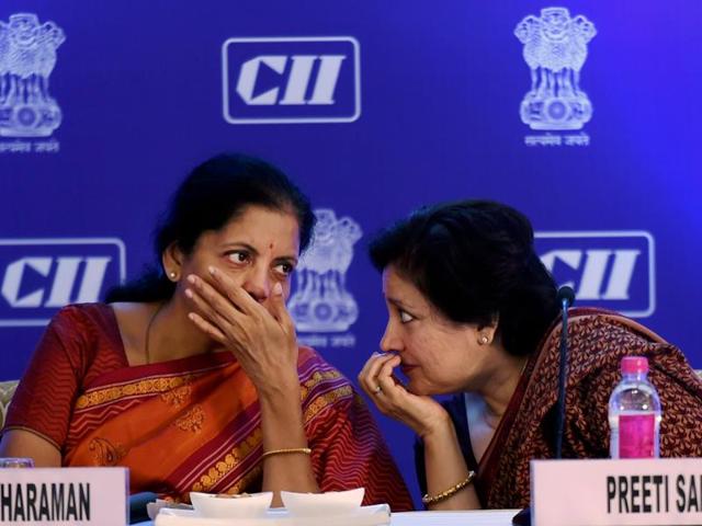Commerce and industry minister Nirmala Sitharaman with secretary(East) of ministry of external affairs, Preeti Saran during the BIMSTEC business summit in New Delhi on Friday. (PTI) Commerce and industry minister Nirmala Sitharaman with secretary(East) of ministry of external affairs, Preeti Saran during the BIMSTEC business summit in New Delhi on Friday. (PTI)