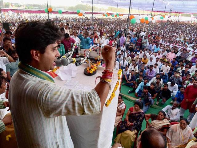 Jyotiraditya Scindia addressing 'Jan Akrosh Rally' at Bhind on Thursday. (PTI) Jyotiraditya Scindia addressing 'Jan Akrosh Rally' at Bhind on Thursday. (PTI)