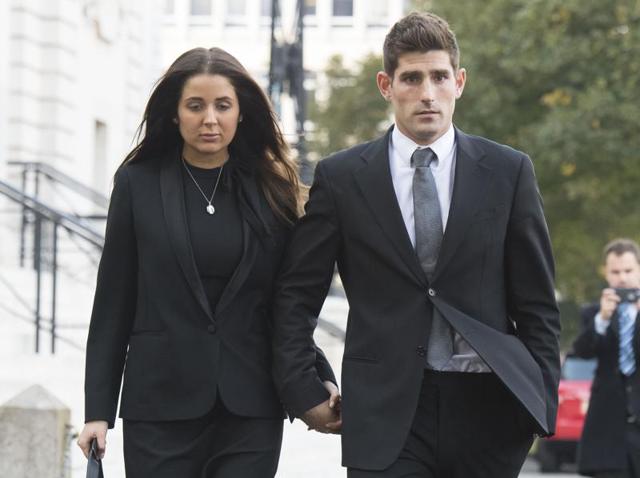 Chesterfield player Ched Evans was seen crying and hugging partner Natasha Massey, who has been behind him ever since he was first convicted, after the verdict was announced. (Getty Images) Chesterfield player Ched Evans was seen crying and hugging partner Natasha Massey, who has been behind him ever since he was first convicted, after the verdict was announced. (Getty Images)