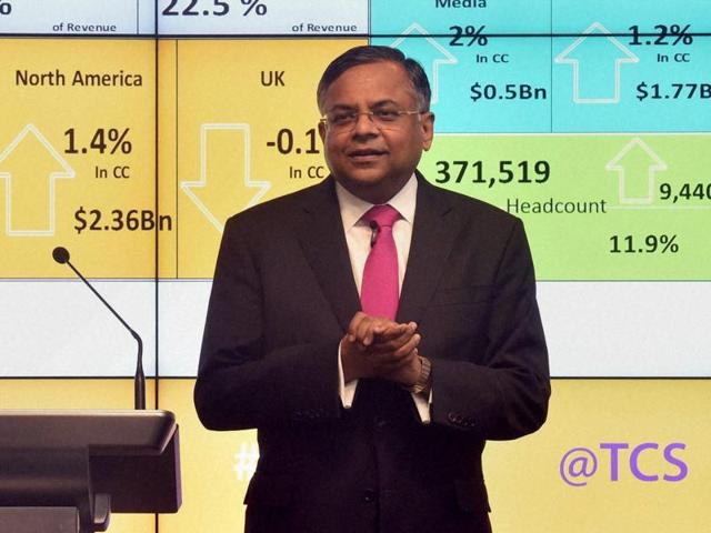 Mumbai: Tata Consultancy Services CEO, N Chandrasekaran during the announcement of the financial results of the company in Mumbai on Thursday.(PTI)